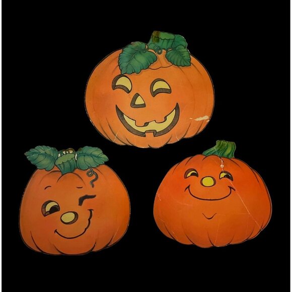 Vtg Felted Pumpkins Orange Fuzzy Double-Sided Halloween Cardboard Decorations Se - Picture 5 of 6